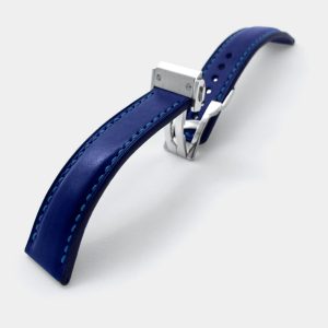 Ремешок для часов кожаный синий с застежкой автомат бабочка клипса