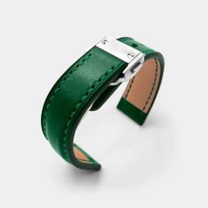Ремешок для часов кожаный зеленый с застежкой автомат бабочка клипса
