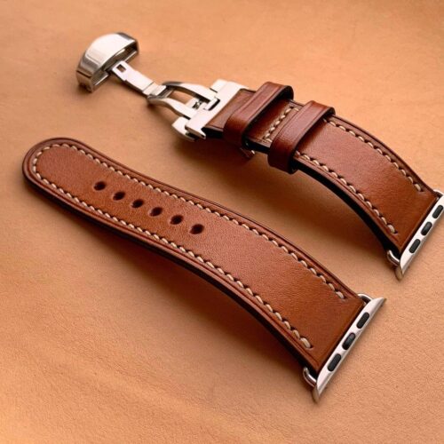 Кожаный ремешок для Apple Watch 44 series 5 коричневый с застежкой-бабочкой