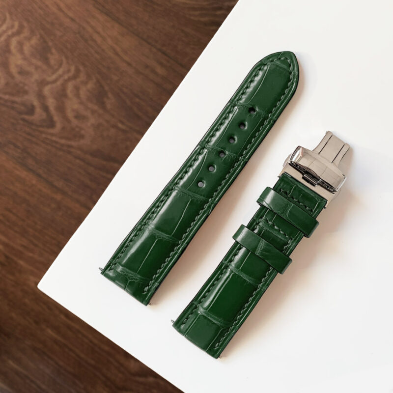 Ремешок для часов из натуральной кожи крокодила зеленого цвета с застежкой-бабочкой